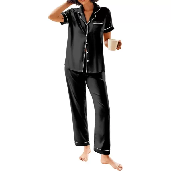 Ekouaer Silk Satin Pajamas Set Women Short Sleeve Sleepwear Soft Button Down Loungewear Pjs SetDark Black