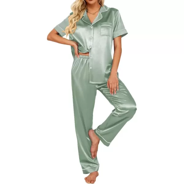 Ekouaer Silk Satin Pajamas Set Women Short Sleeve Sleepwear Soft Button Down Loungewear Pjs SetGossamer Green