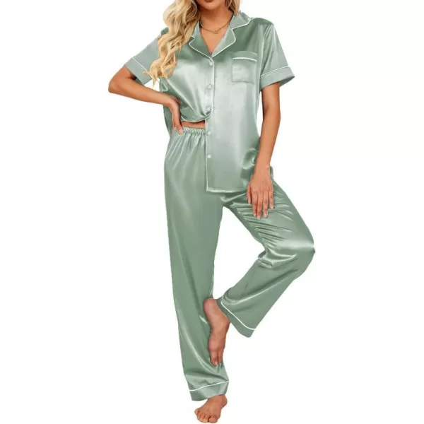 Ekouaer Silk Satin Pajamas Set Women TwoPiece Nightwear Short Sleeve Sleepwear Soft Button Down Loungewear Pjs SetGossamer Green