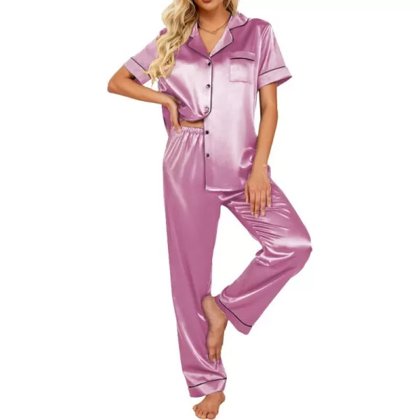 Ekouaer Silk Satin Pajamas Set Women TwoPiece Nightwear Short Sleeve Sleepwear Soft Button Down Loungewear Pjs SetGrape Nectar