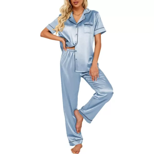 Ekouaer Silk Satin Pajamas Set Women TwoPiece Nightwear Short Sleeve Sleepwear Soft Button Down Loungewear Pjs SetLight Blue