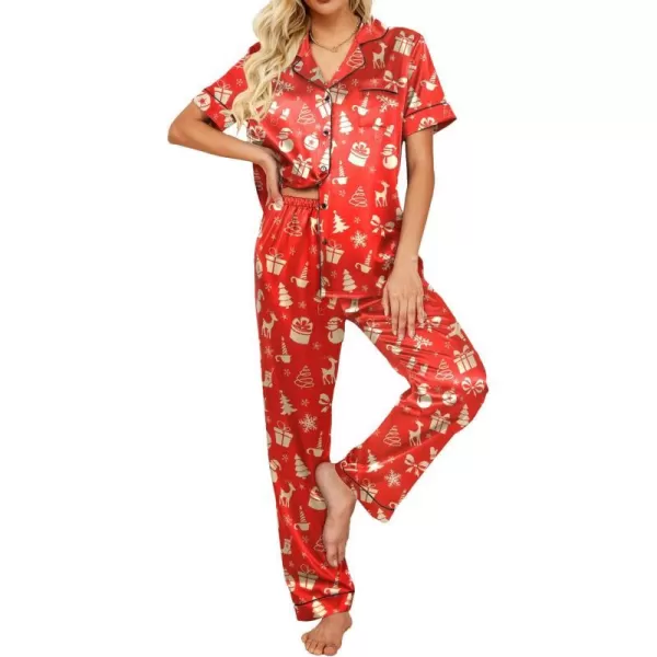 Ekouaer Silk Satin Pajamas Set Women TwoPiece Nightwear Short Sleeve Sleepwear Soft Button Down Loungewear Pjs SetPat2