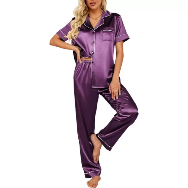 Ekouaer Silk Satin Pajamas Set Women TwoPiece Nightwear Short Sleeve Sleepwear Soft Button Down Loungewear Pjs SetPurple Wine