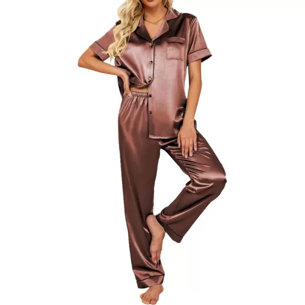 Ekouaer Silk Satin Pajamas Set Women TwoPiece Nightwear Short Sleeve Sleepwear Soft Button Down Loungewear Pjs SetRaisin Color