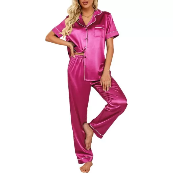 Ekouaer Silk Satin Pajamas Set Women TwoPiece Nightwear Short Sleeve Sleepwear Soft Button Down Loungewear Pjs SetRose Red