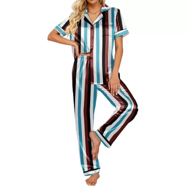 Ekouaer Silk Satin Pajamas Set Women TwoPiece Nightwear Short Sleeve Sleepwear Soft Button Down Loungewear Pjs SetStripes1