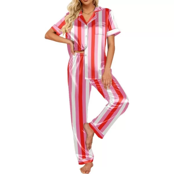 Ekouaer Silk Satin Pajamas Set Women TwoPiece Nightwear Short Sleeve Sleepwear Soft Button Down Loungewear Pjs SetStripes3