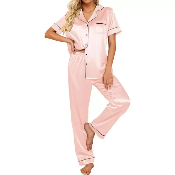 Ekouaer Silk Satin Pajamas Set Women TwoPiece Nightwear Short Sleeve Sleepwear Soft Button Down Loungewear Pjs SetVeiled Rose