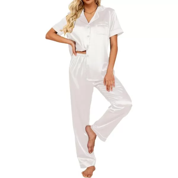 Ekouaer Silk Satin Pajamas Set Women TwoPiece Nightwear Short Sleeve Sleepwear Soft Button Down Loungewear Pjs SetWhite