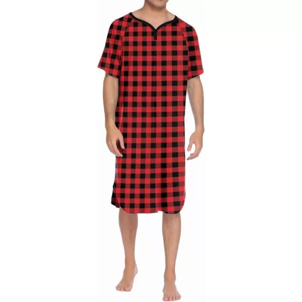 Ekouaer Sleepwear Mens Nightshirt Short Sleeve Pajamas Comfy Big amp Tall Henley Sleep Shirt MXXXLPlaid  Black amp Red