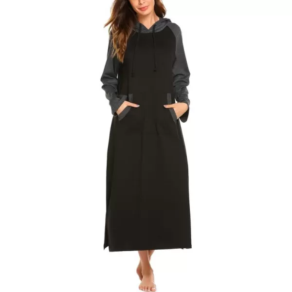 Ekouaer Sleepwear Women Long Sleeve Hooded Nightgown Contrast Color Full Length Loungewear with Pocket S4XLAblack