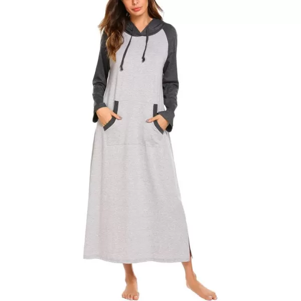 Ekouaer Sleepwear Women Long Sleeve Hooded Nightgown Contrast Color Full Length Loungewear with Pocket S4XLAgrey