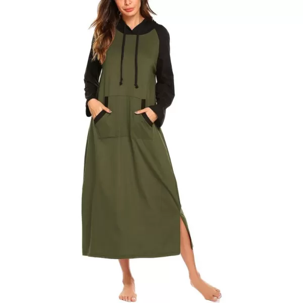 Ekouaer Sleepwear Women Long Sleeve Hooded Nightgown Contrast Color Full Length Loungewear with Pocket S4XLArmy Green