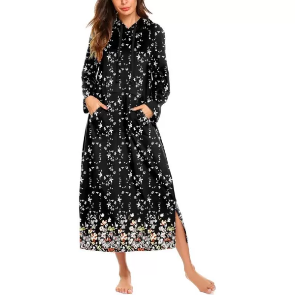 Ekouaer Sleepwear Women Long Sleeve Hooded Nightgown Contrast Color Full Length Loungewear with Pocket S4XLBlack Background Flowers