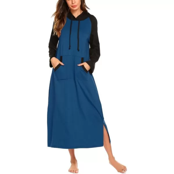 Ekouaer Sleepwear Women Long Sleeve Hooded Nightgown Contrast Color Full Length Loungewear with Pocket S4XLBlack Navy Blue