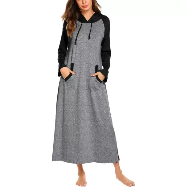 Ekouaer Sleepwear Women Long Sleeve Hooded Nightgown Contrast Color Full Length Loungewear with Pocket S4XLMedium Grey