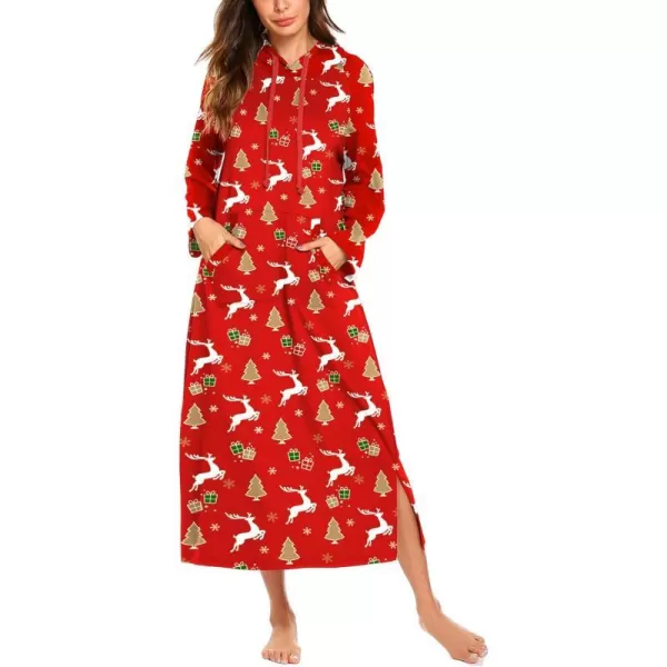 Ekouaer Sleepwear Women Long Sleeve Hooded Nightgown Contrast Color Full Length Loungewear with Pocket S4XLPat1christmas Pattern 1