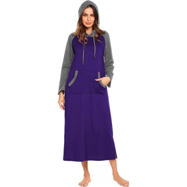 Ekouaer Sleepwear Women Long Sleeve Hooded Nightgown Contrast Color Full Length Loungewear with Pocket S4XLPurple