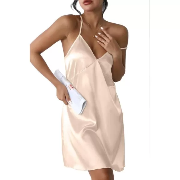 Ekouaer Sleepwear Womens Satin Nightgown V Neck Spaghetti Strap Nightdress Silk Slip Sexy LingerieApricot