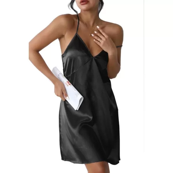 Ekouaer Sleepwear Womens Satin Nightgown V Neck Spaghetti Strap Nightdress Silk Slip Sexy LingerieBlack