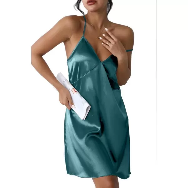 Ekouaer Sleepwear Womens Satin Nightgown V Neck Spaghetti Strap Nightdress Silk Slip Sexy LingerieBlue Green