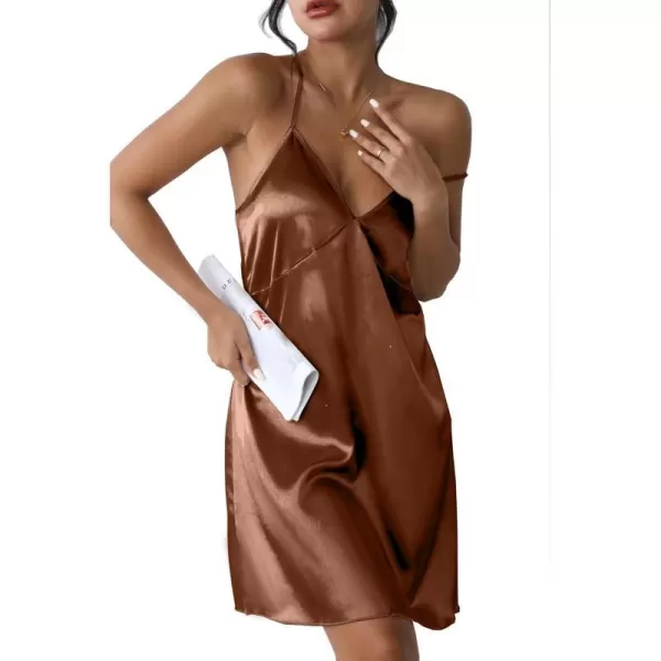 Ekouaer Sleepwear Womens Satin Nightgown V Neck Spaghetti Strap Nightdress Silk Slip Sexy LingerieCaramel Color