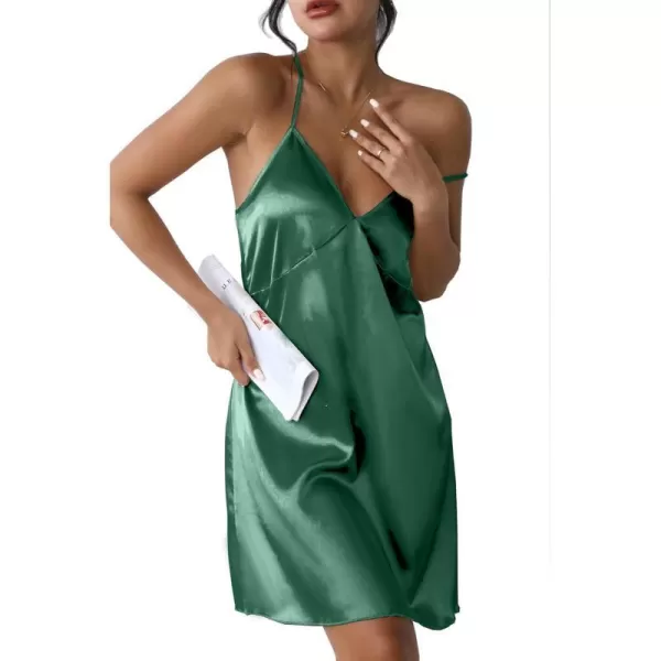 Ekouaer Sleepwear Womens Satin Nightgown V Neck Spaghetti Strap Nightdress Silk Slip Sexy LingerieGreen