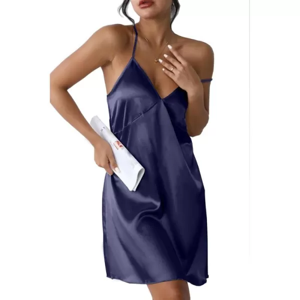 Ekouaer Sleepwear Womens Satin Nightgown V Neck Spaghetti Strap Nightdress Silk Slip Sexy LingerieNavy Blue