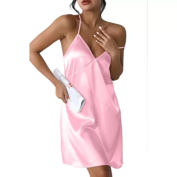 Ekouaer Sleepwear Womens Satin Nightgown V Neck Spaghetti Strap Nightdress Silk Slip Sexy LingeriePink