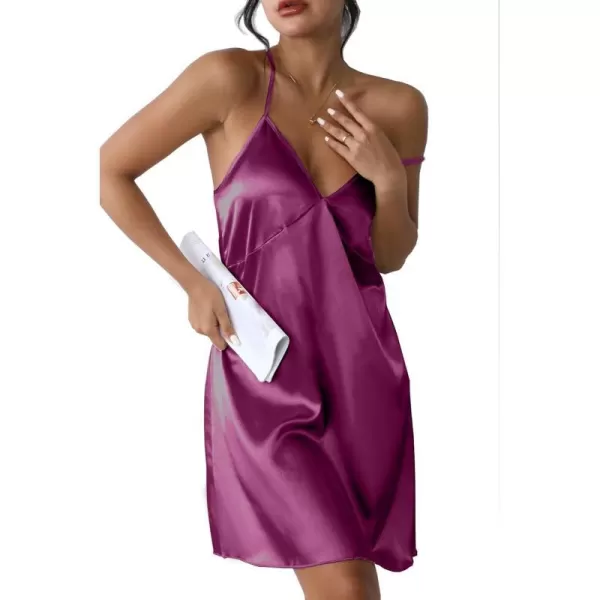 Ekouaer Sleepwear Womens Satin Nightgown V Neck Spaghetti Strap Nightdress Silk Slip Sexy LingeriePurple