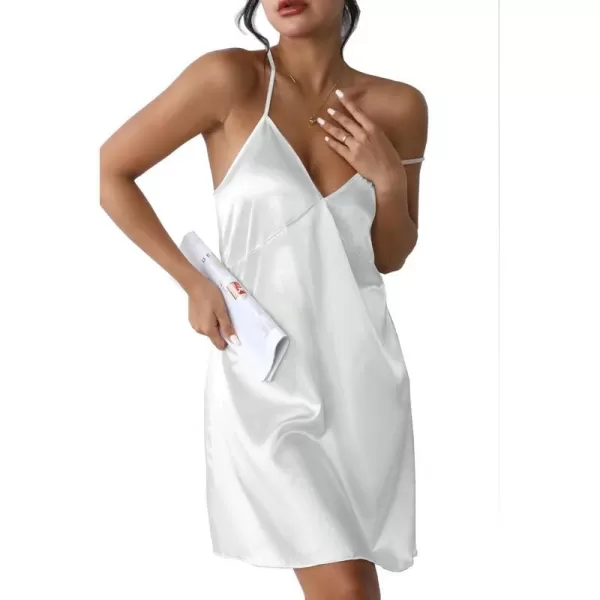 Ekouaer Sleepwear Womens Satin Nightgown V Neck Spaghetti Strap Nightdress Silk Slip Sexy LingerieWhite