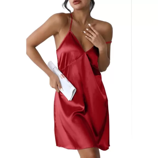 Ekouaer Sleepwear Womens Satin Nightgown V Neck Spaghetti Strap Nightdress Silk Slip Sexy LingerieWine Red