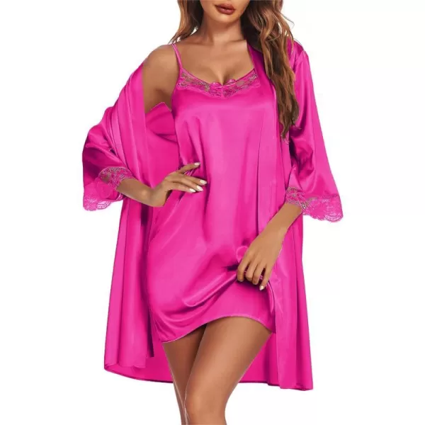 Ekouaer Sleepwear Womens Satin Nightgown with Robes Set 2 Piece Sexy Lace Cami NightwearHot Pink