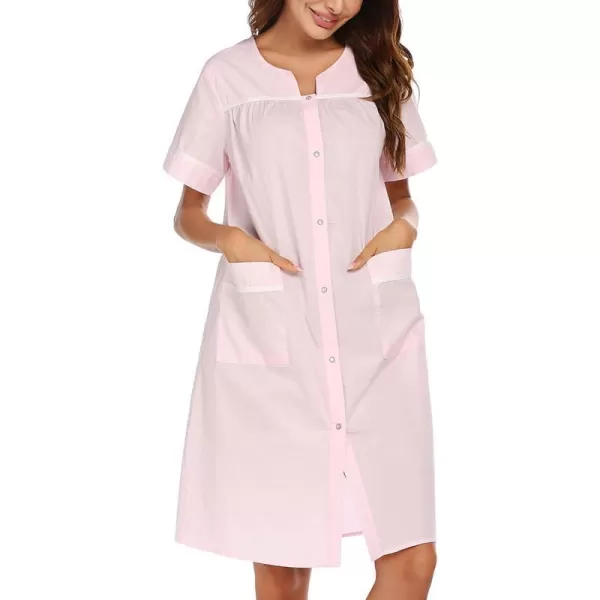 Ekouaer Sleepwear Womens Snap Front Nightgown Housecoat Cotton Duster Short Sleeve House DressLight Pink