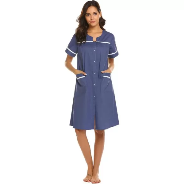 Ekouaer Sleepwear Womens Snap Front Nightgown Housecoat Cotton Duster Short Sleeve House DressNavy