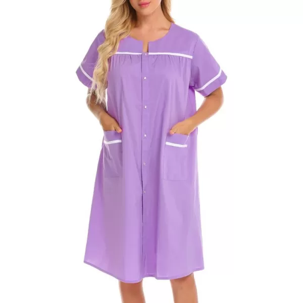 Ekouaer Sleepwear Womens Snap Front Nightgown Housecoat Cotton Duster Short Sleeve House DressRose Violet