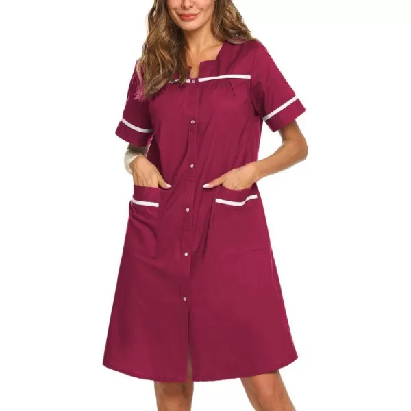 Ekouaer Sleepwear Womens Snap Front Nightgown Housecoat Cotton Duster Short Sleeve House DressWine Red