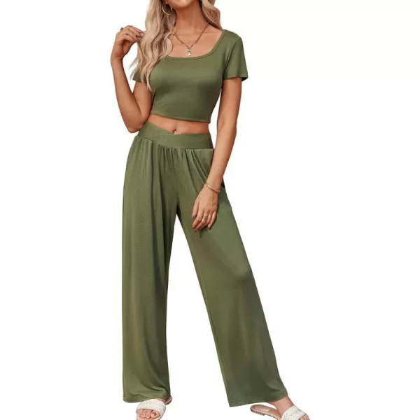 Ekouaer Summer Outfits for Women 2 Piece Lounge Sets Comfy Square Neck Short Sleeve Wide Leg Pants Matching Sets with PocketsArmy Green