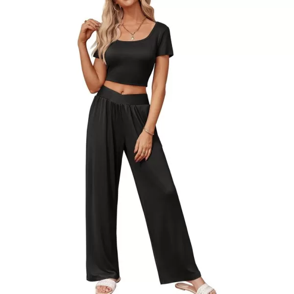 Ekouaer Summer Outfits for Women 2 Piece Lounge Sets Comfy Square Neck Short Sleeve Wide Leg Pants Matching Sets with PocketsBlack