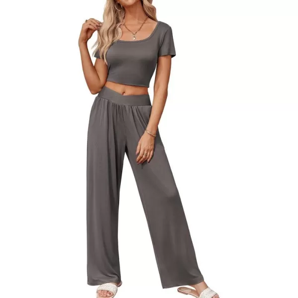 Ekouaer Summer Outfits for Women 2 Piece Lounge Sets Comfy Square Neck Short Sleeve Wide Leg Pants Matching Sets with PocketsDark Gray