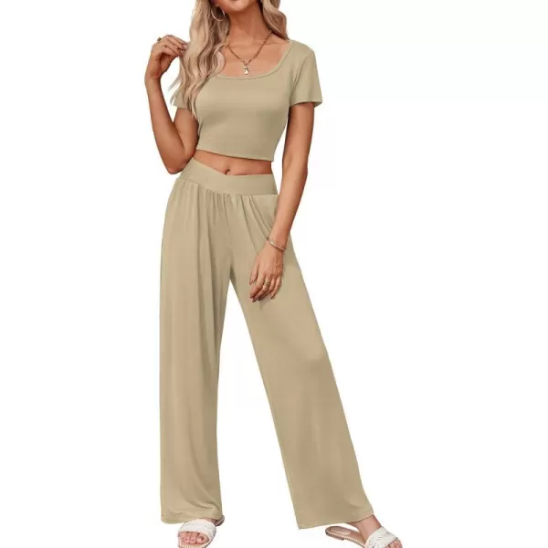 Ekouaer Summer Outfits for Women 2 Piece Lounge Sets Comfy Square Neck Short Sleeve Wide Leg Pants Matching Sets with PocketsKhaki