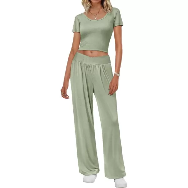 Ekouaer Summer Outfits for Women 2 Piece Lounge Sets Comfy Square Neck Short Sleeve Wide Leg Pants Matching Sets with PocketsLight Green