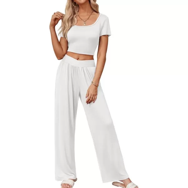 Ekouaer Summer Outfits for Women 2 Piece Lounge Sets Comfy Square Neck Short Sleeve Wide Leg Pants Matching Sets with PocketsWhite