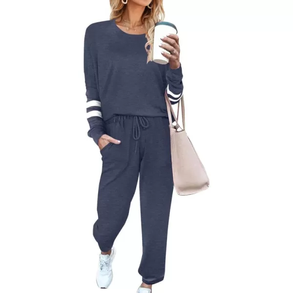 Ekouaer Sweatsuits Womens Loungewear Set Tracksuit Long Sleeve Pajamas Set with Pockets 2 Piece Outfits Lounge SetsClassic A03navy Blue