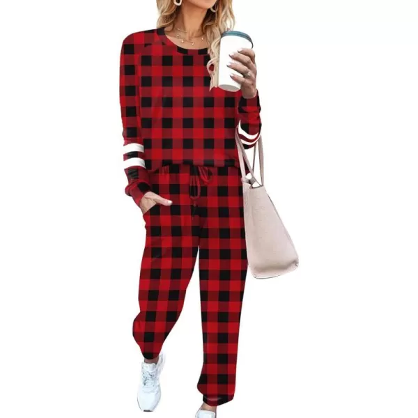 Ekouaer Sweatsuits Womens Loungewear Set Tracksuit Long Sleeve Pajamas Set with Pockets 2 Piece Outfits Lounge SetsClassic Black Red Plaid