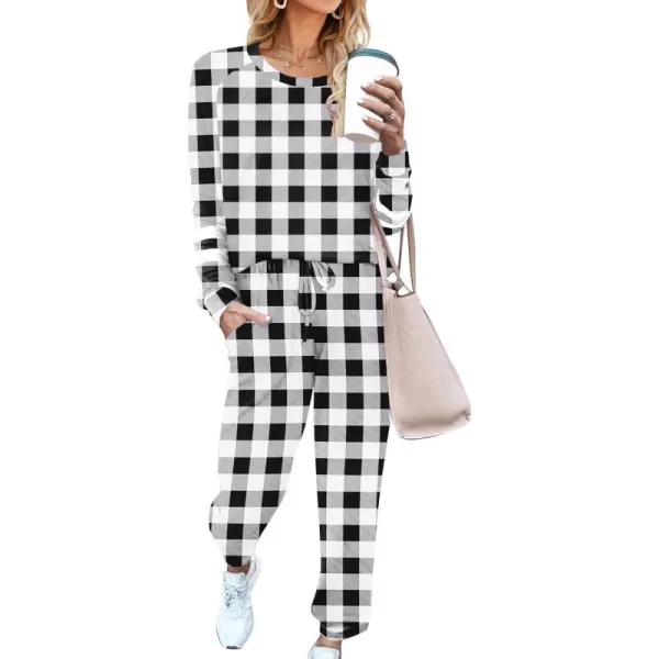 Ekouaer Sweatsuits Womens Loungewear Set Tracksuit Long Sleeve Pajamas Set with Pockets 2 Piece Outfits Lounge SetsClassic Black White Plaid