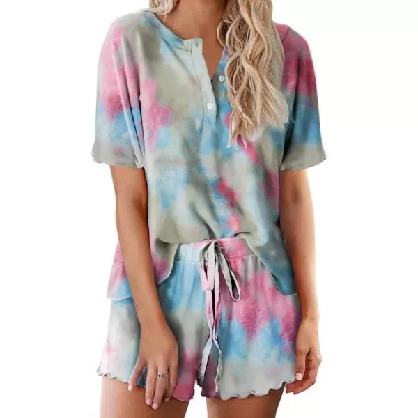 Ekouaer Tie Dye Pajamas Set Womens Loungewear Sleepwear 2 Piece PJ SetsTie Dye Blue Fuchsia Green