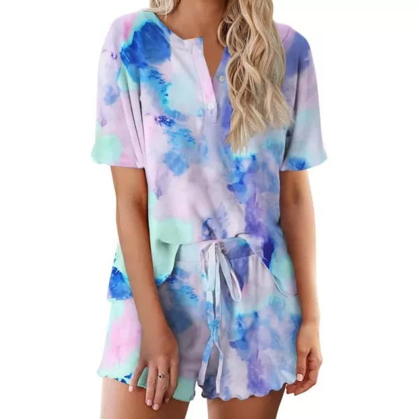 Ekouaer Tie Dye Pajamas Set Womens Loungewear Sleepwear 2 Piece PJ SetsTie Dye Blue Purple Green