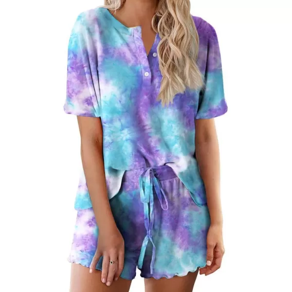 Ekouaer Tie Dye Pajamas Set Womens Loungewear Sleepwear 2 Piece PJ SetsTie Dye Blue and Purple