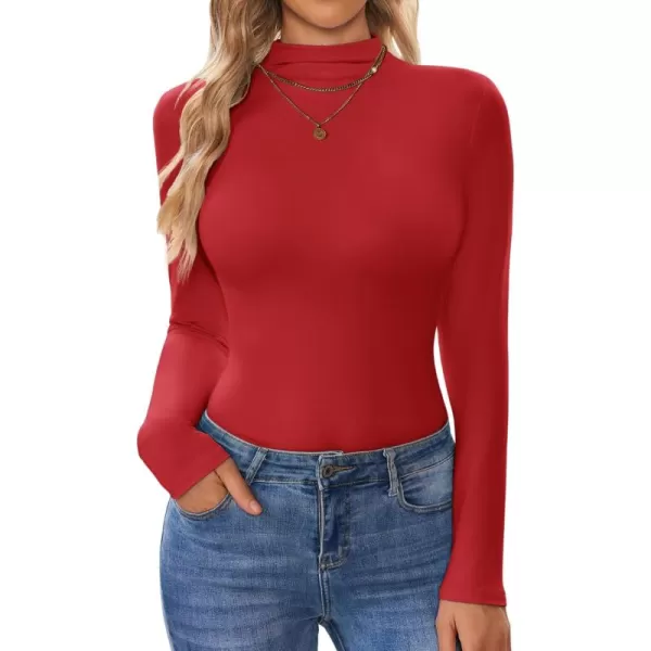 Ekouaer Turtleneck Shirt Women Long Sleeve Mock Neck Slim Fit Tops Thermal Base Layer Soft Lightweight Stretch UndershirtsRed